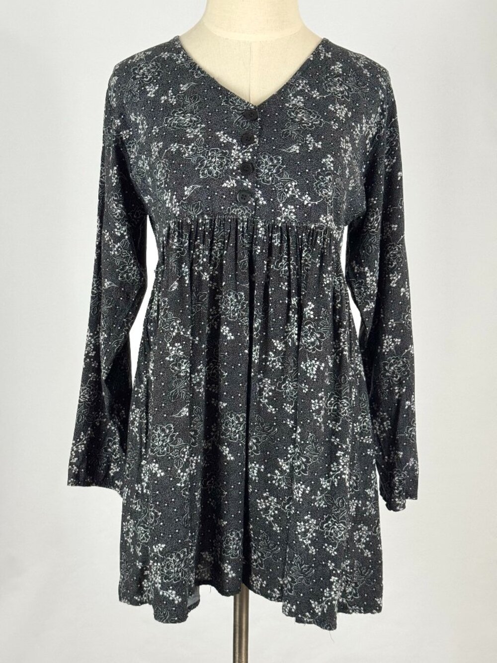 Vtg 90s Black & White Floral Babydoll Rayon Mini Dress Tunic Grunge Long Sleeves